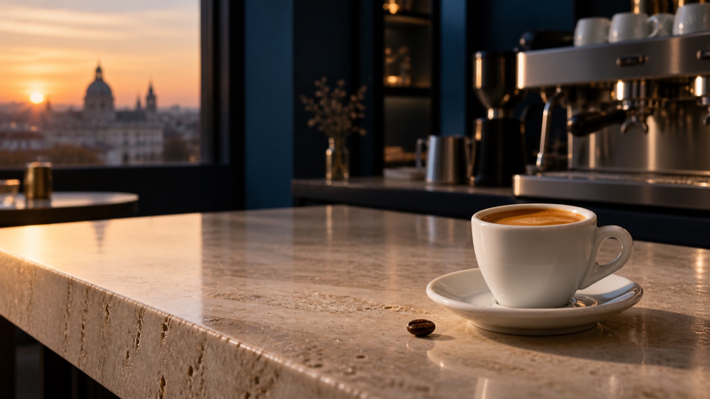 Espressotasse auf einer hellen Steintheke in einer modernen Kaffeebar bei Sonnenaufgang.